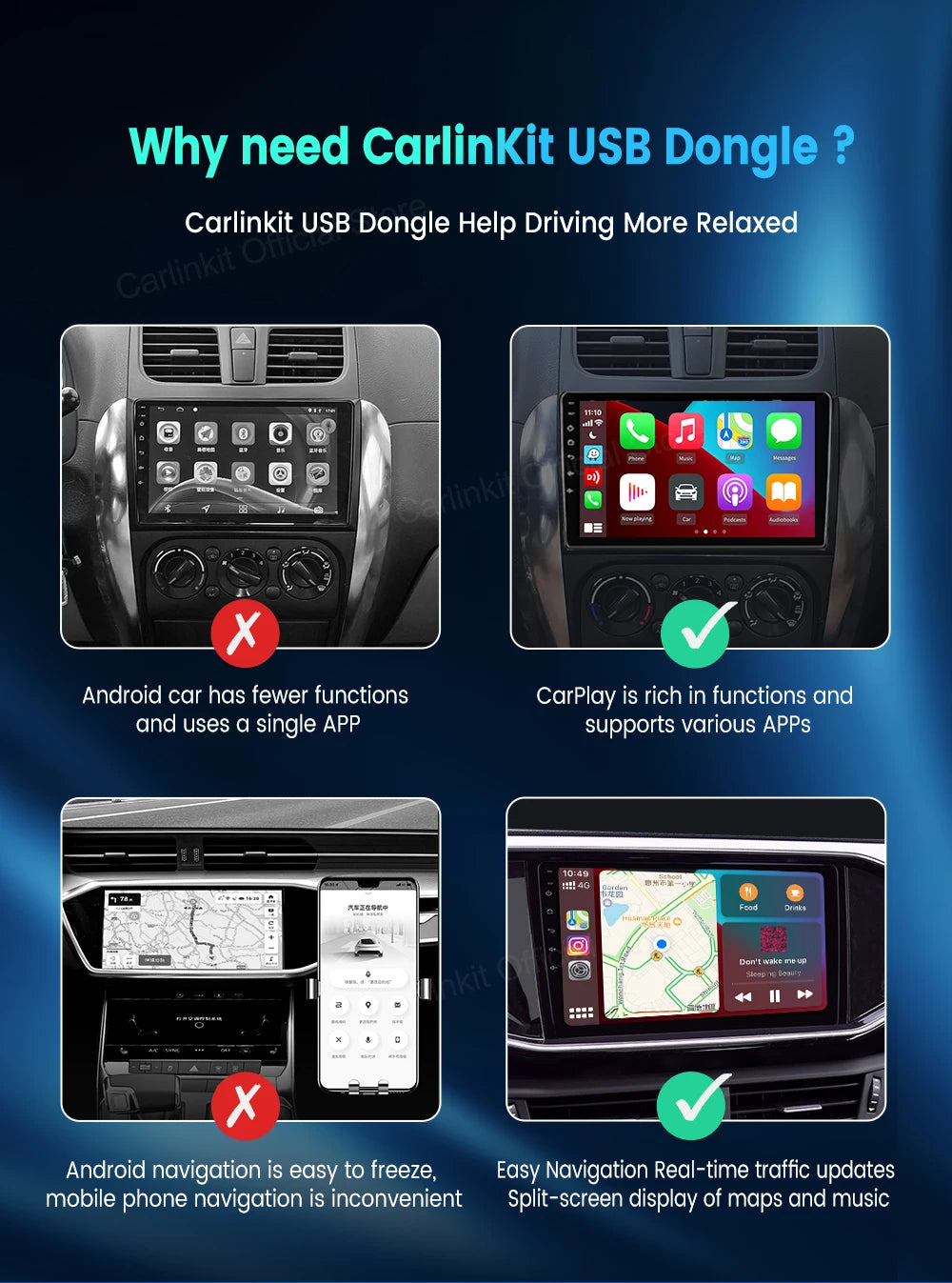CarlinKit Wred & Wireless Android Auto & CarPlay Dongle Car USB Adapter For Aftermarket Android Car Radio Mirrorlink Split Sceen