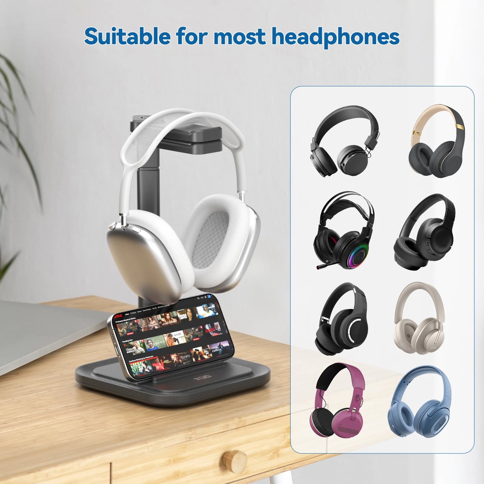 Dual Headphone Stand for Desk Rotatable Headset Hanger with Phone Holder Removable Non-Slip Base for Gamers Desktop Accessories