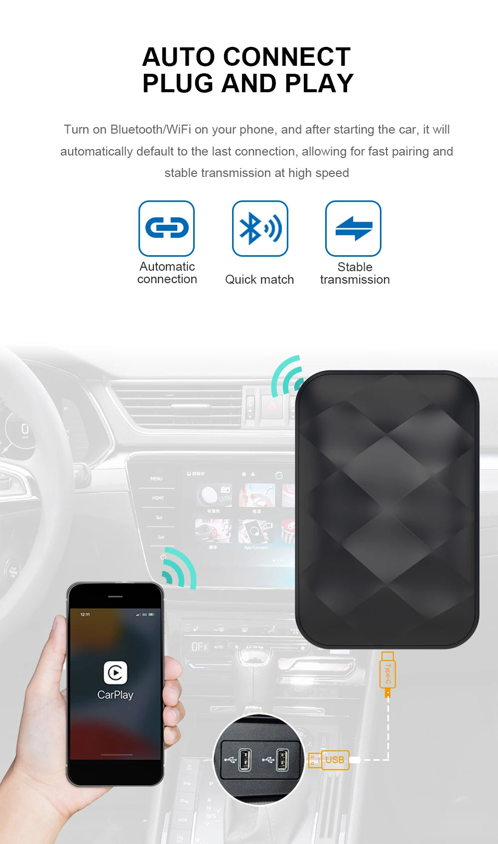 XUDA Android14 Wireless CarPlay/Android Auto 3in1 NEW CarPlay Ai Box  4Cores 4GB RAM+64GB ROM Plug and Play Stable Transmission