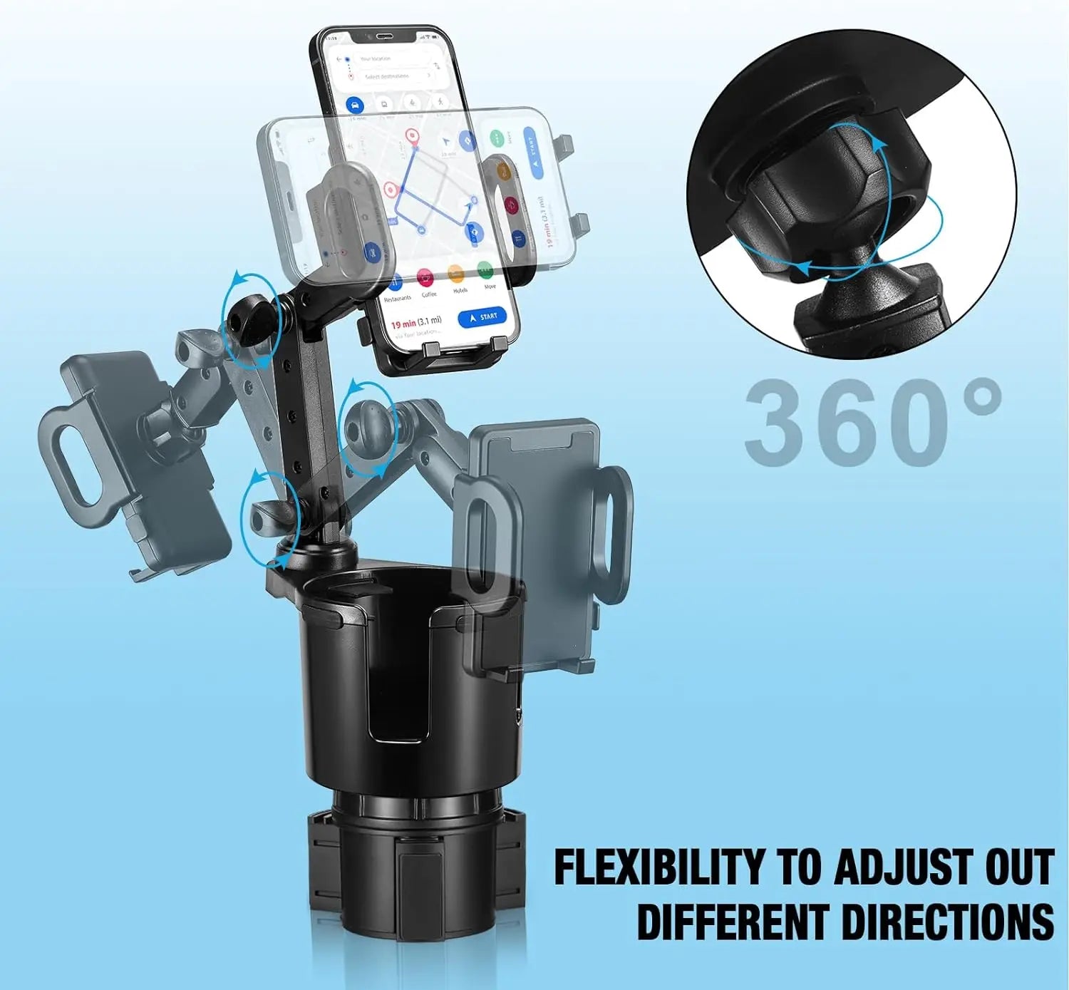 Car Cup Holder Expander with Cell Phone Mount 360 Rotation Cup Holder Expander Smartphone Mount Auto Interior Accessories