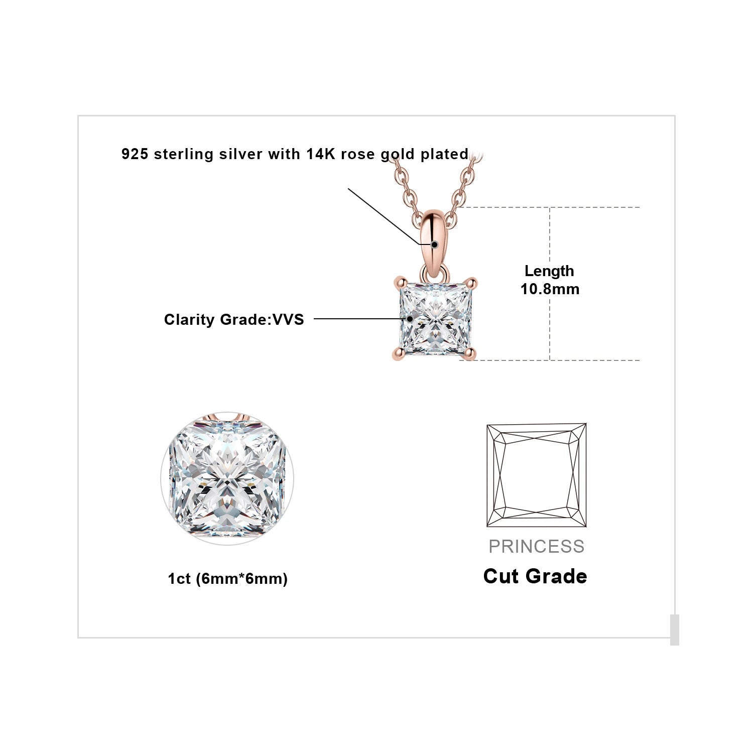 925 Sterling Silver D Color Princess Cut Moissanite Necklace