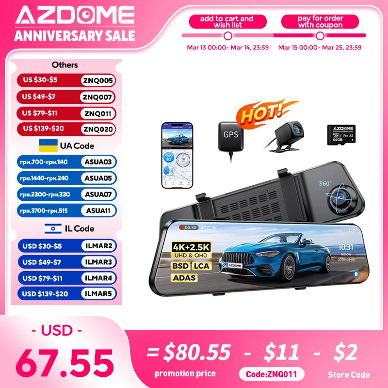 AZDOME PG17 MAX Front and Rear Dash Cam 12 Inch Touch Screen Car DVR 4K+2.5K Rearview Mirror Camera GPS WIFI Voice Control ADAS