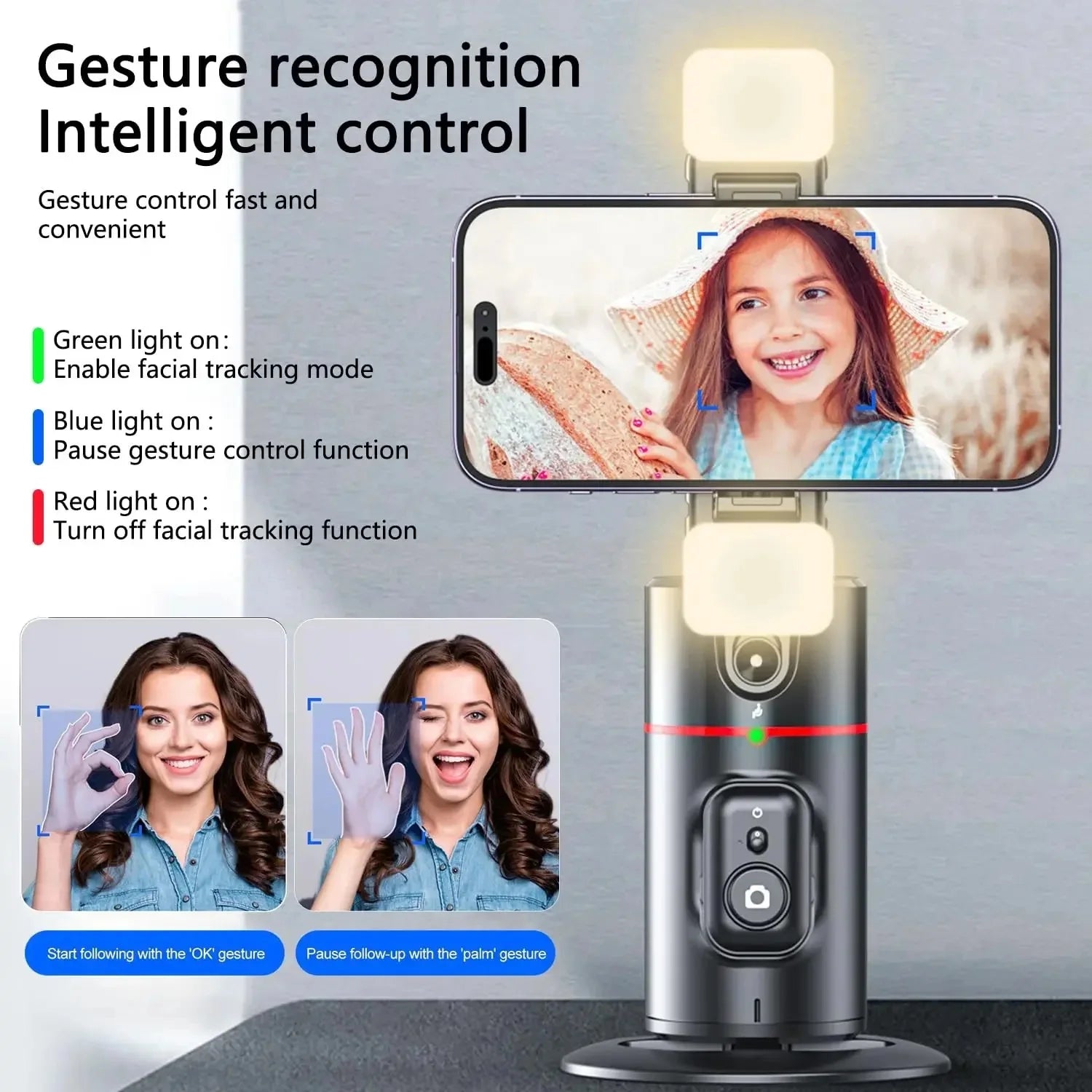 Auto Face Tracking Tripod 360°Rotation,No App, Gesture Recognition Phone Camera Mount Smart Shooting Phone Holder for Live Video