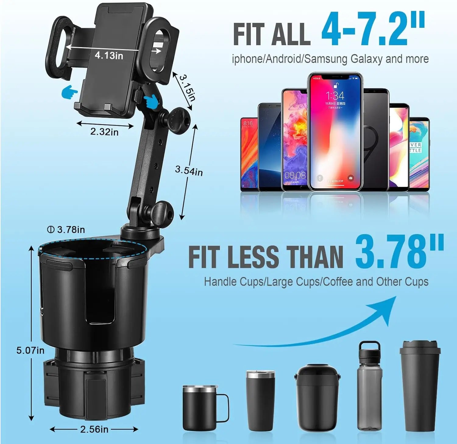 Car Cup Holder Expander with Cell Phone Mount 360 Rotation Cup Holder Expander Smartphone Mount Auto Interior Accessories