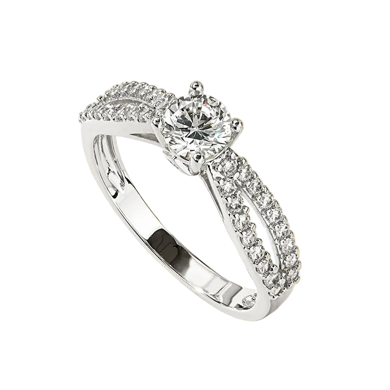 Silver ring with diamond accents on a white background