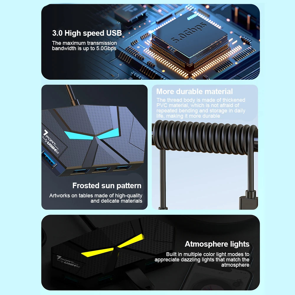 7 Ports USB 3.0 HUB USB Docking Station USB Splitter Adapter 5Gbps High Speed Transmission PD Power Supply For Laptop Computer