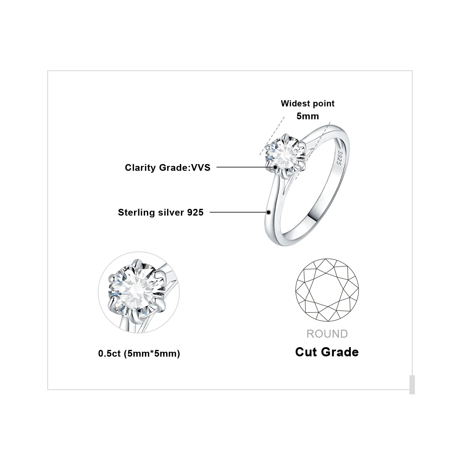 925 Sterling Silver D Color 6-Claw Moissanite Solitaire Ring