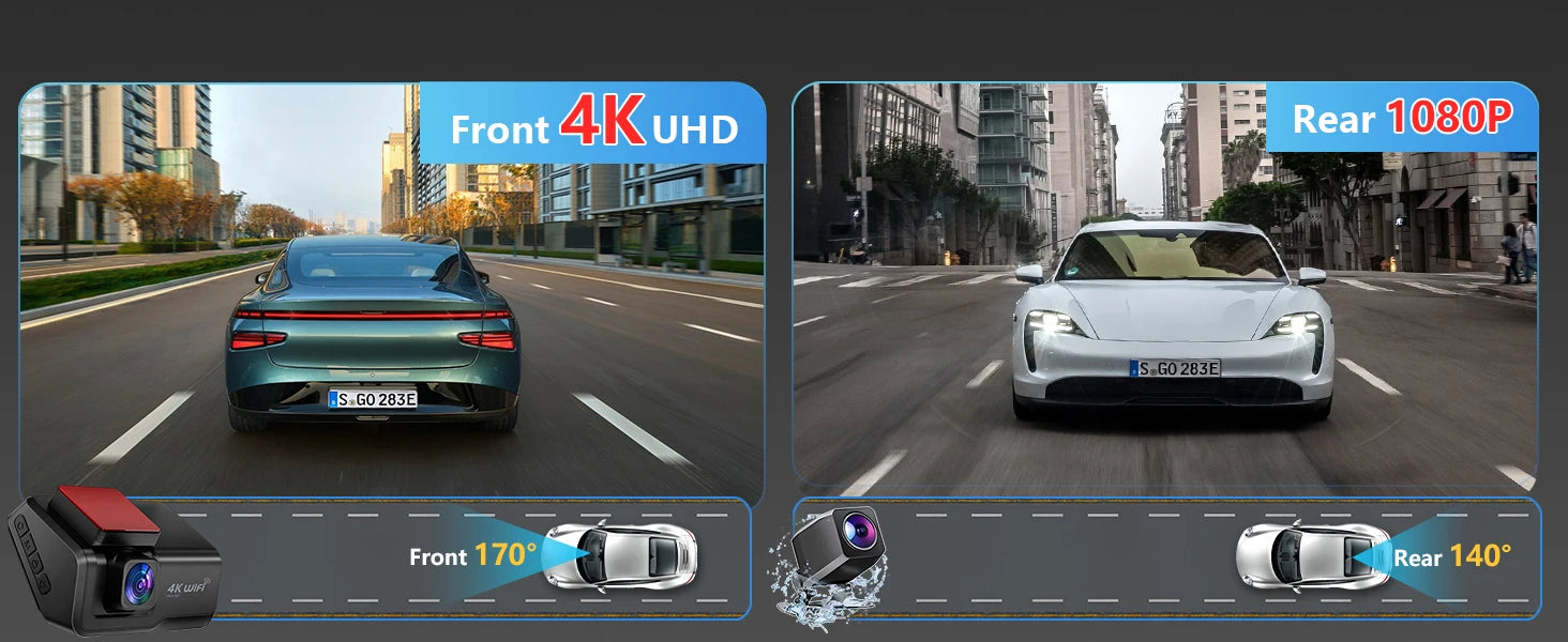 Kocam 4K UHD Dash Cam WiFi Car DVR Front and Rear Dual Lens Auto Car Camera with Night Vision 24H Parking Monitor Black Box
