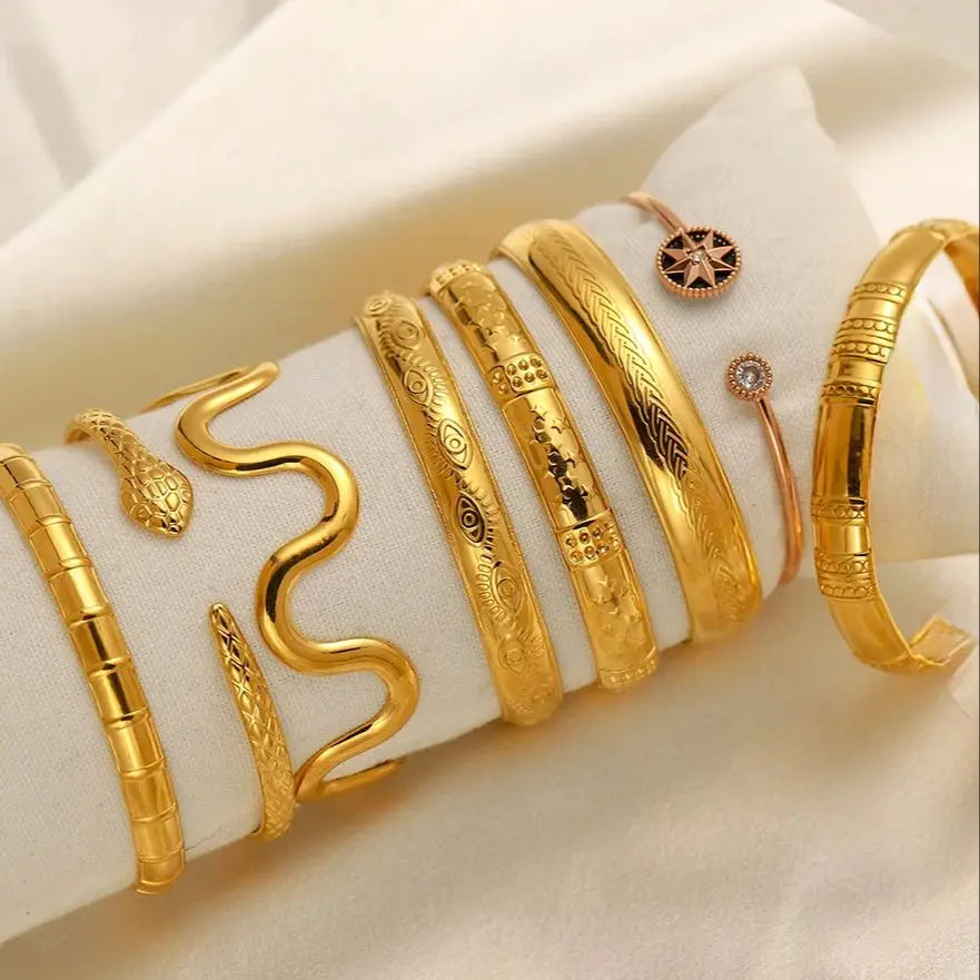18k Gold-Style Plated Stainless Steel Snake Line Cuff Bangle