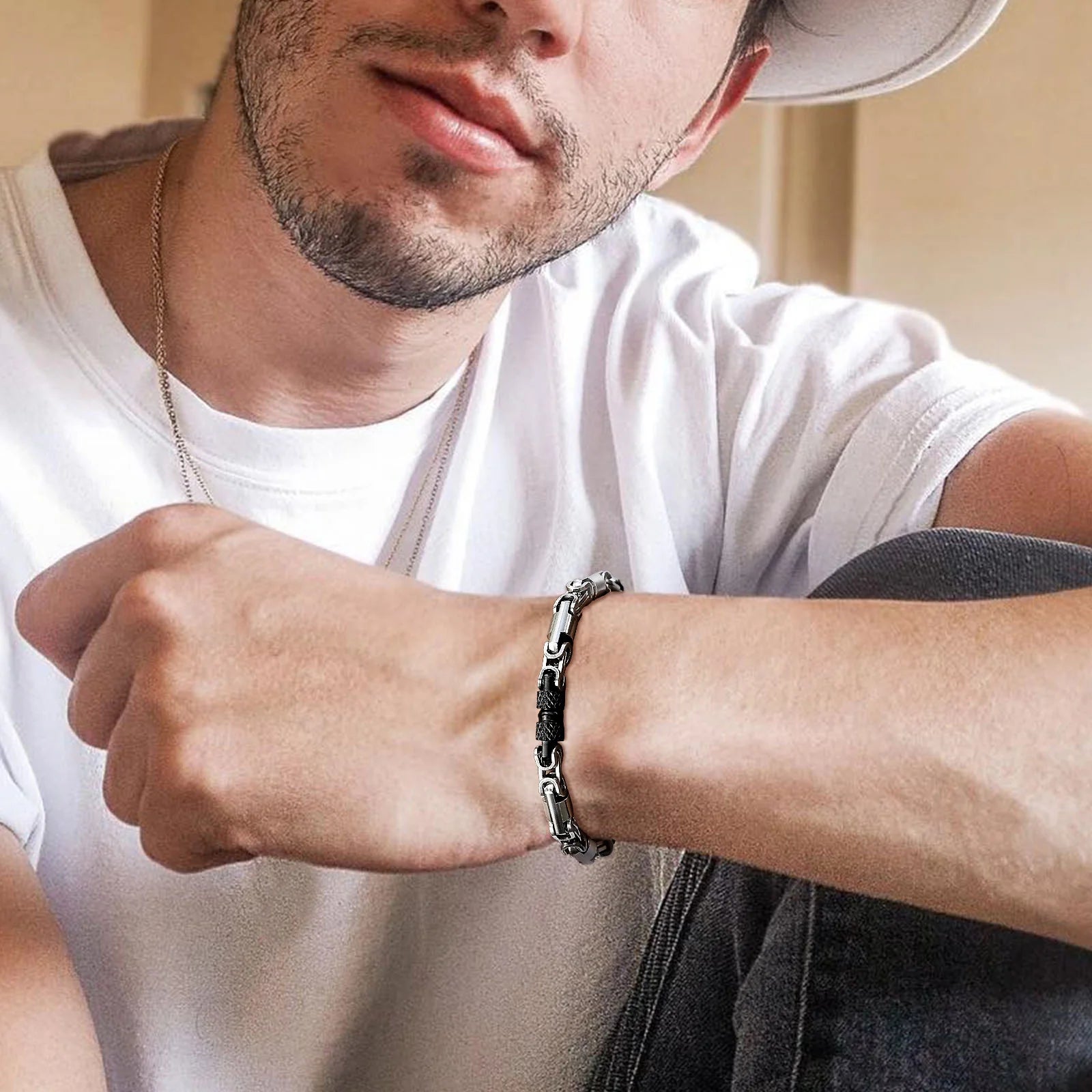 Pulseiras Bizantinas Punk para Homens e Rapazes, Pulseira de Elos de Aço Inoxidável Feita à Mão, Presentes de Joalharia Casuais Elegantes