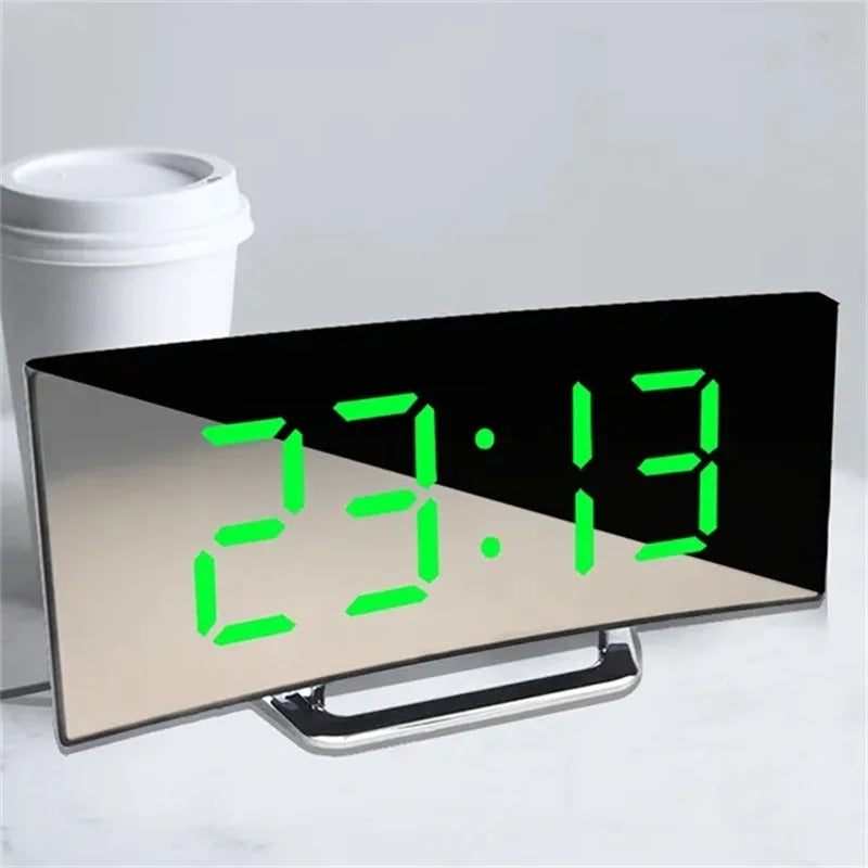 Led Alarm Clock Mirror Curved Screen Digital Alarm Clock With Sleep Temperature For Students Bedroom Living Room Office School