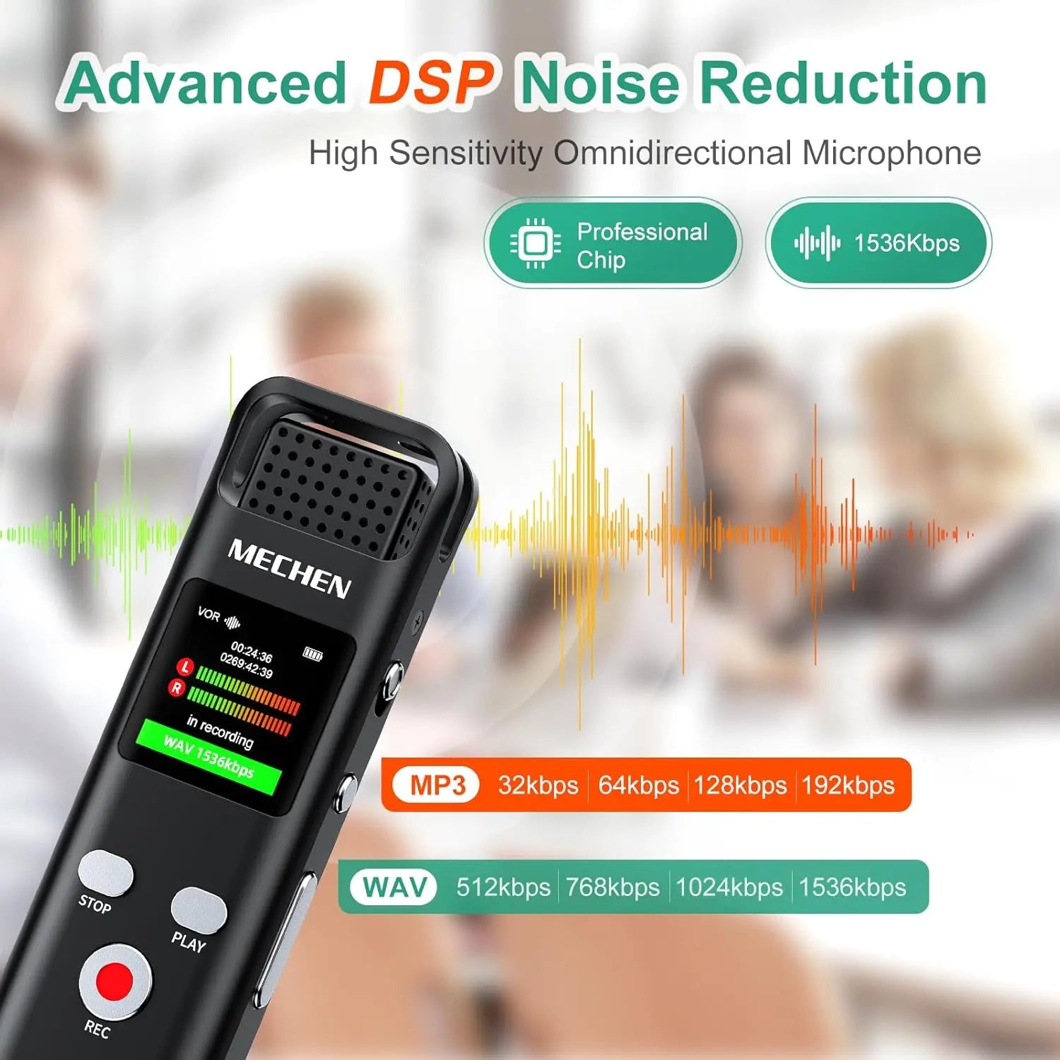 64GB Digital Voice Recorder Voice Activated Audio Recorder for Lectures Meetings - MECHEN 1536Kbps Small Rechargeable Dictaphone