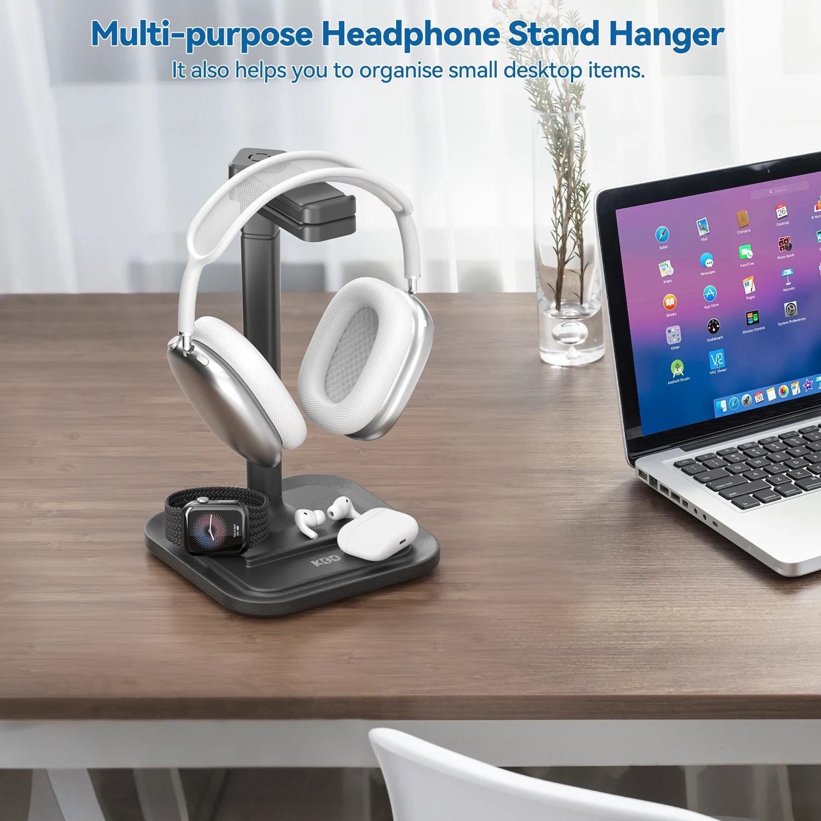 Dual Headphone Stand for Desk Rotatable Headset Hanger with Phone Holder Removable Non-Slip Base for Gamers Desktop Accessories