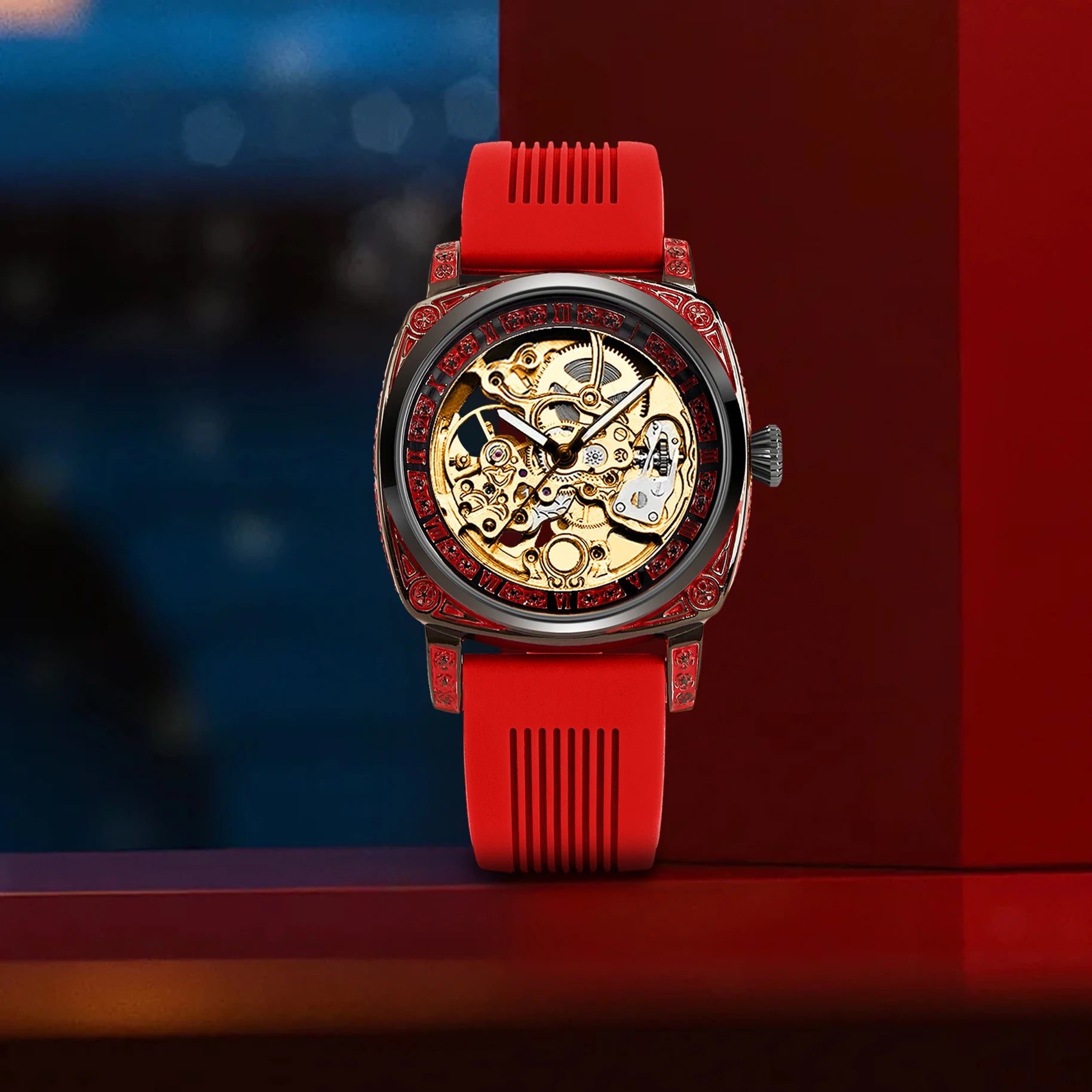 New ladies' watch with golden red tape, casual style, elegant night light, carved flowers, fully automatic mechanical watch