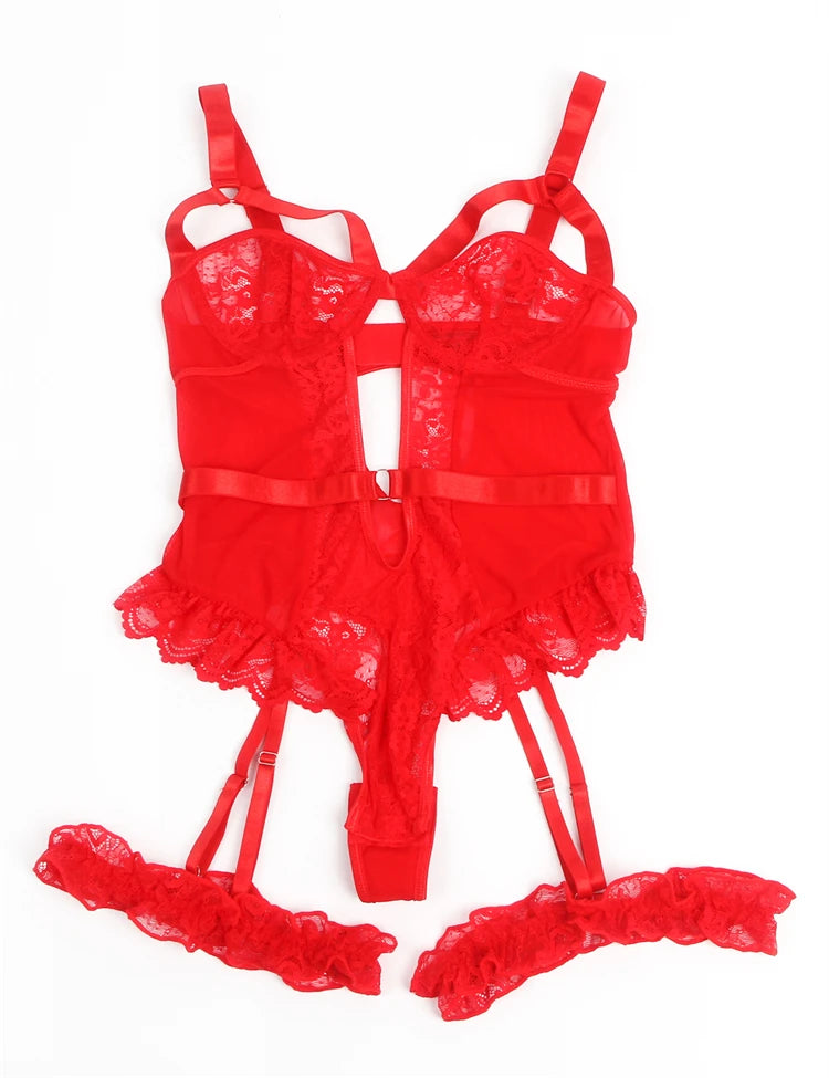 Lace and Mesh Teddy Bodysuit with Garter Set