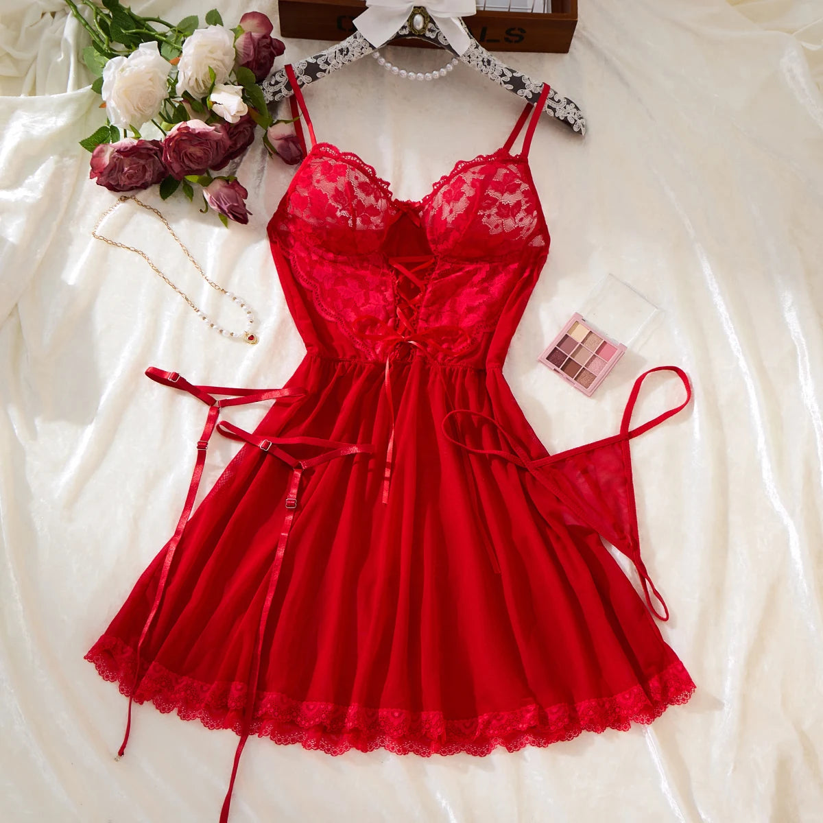 3-Piece Hot Babydoll Lingerie Set with Garter Belt