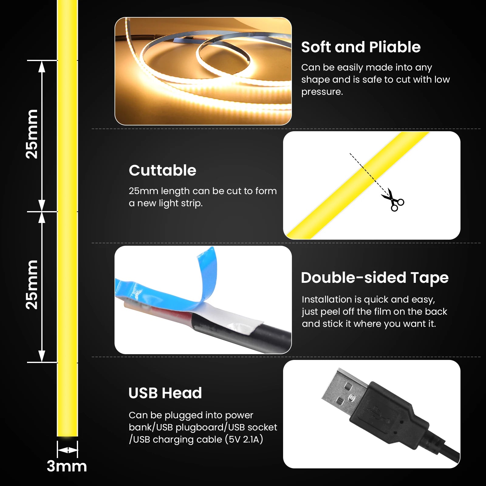 DC 5V USB COB Strip 3MM 5MM 8MM White/Pink/Red/White/Yellow/Yellow/Ice Blue/Green Flexible Ribbon Rope Home Decor TV Backlight