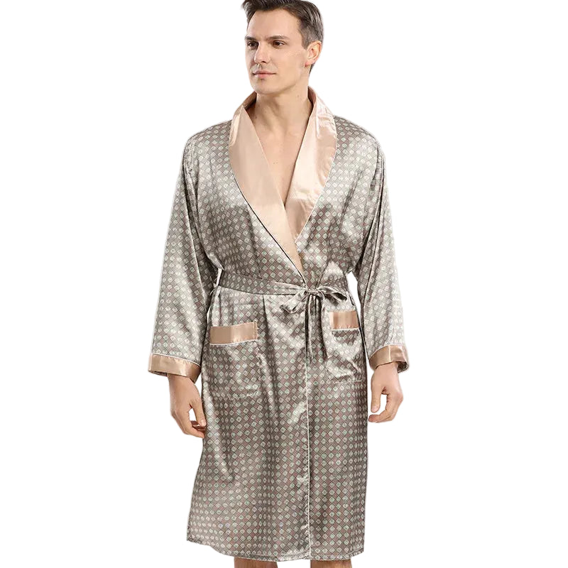 Roupa de Dormir Masculina Plus Size 3GG 4GG 5GG Robe Azul Marinho com Riscas Kimono Roupão com Bolso Verão Cetim Roupa de Casa Loungewear