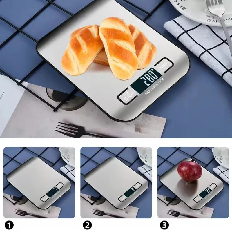 Balança Digital de Cozinha com Ecrã LED 5kg/1g Painel de Aço Inoxidável Balanças Eletrónicas Domésticas Ferramentas para Pesar Joias, Alimentos e Lanches de Cozedura