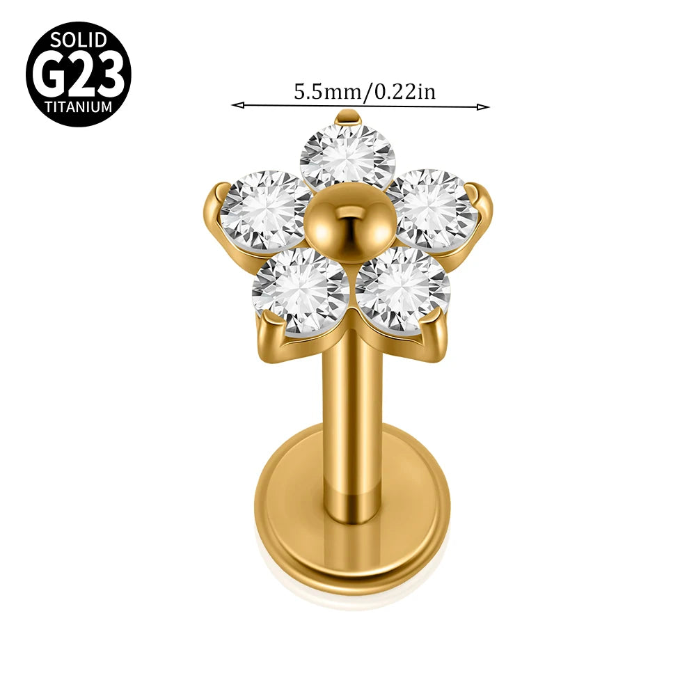F-136 Implant Titanium Flower Zirconia 16G Labret Helix Piercing