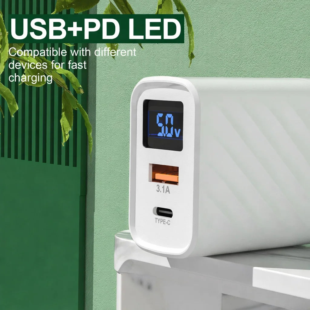 20W USB C Fast Charger with LCD Display, 2-Port Multi Charger for iPhone 14 Pro Max, Samsung, Xiaomi, Huawei, Quick Charge 3.0