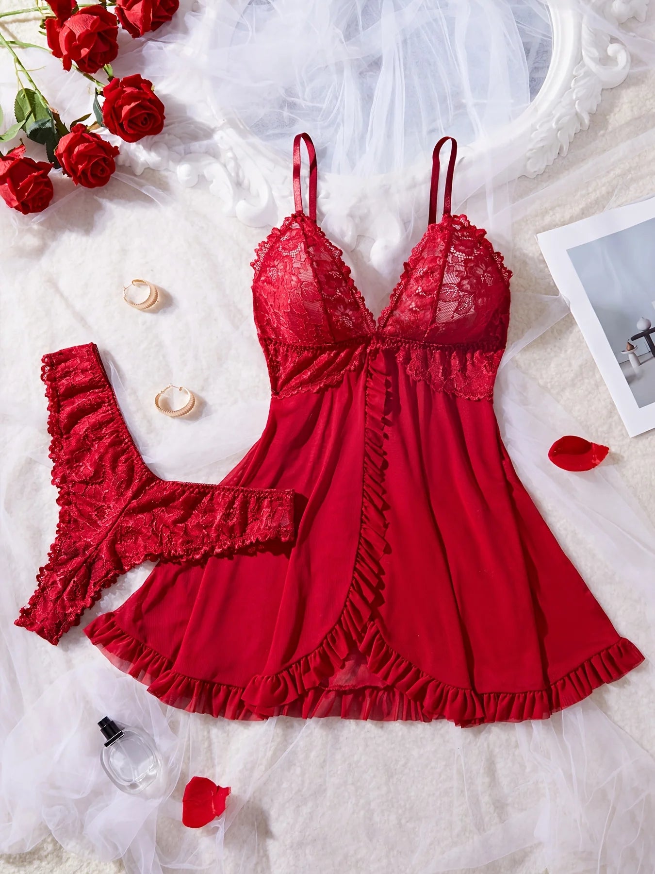Red Lace V-Neck Nightdress Lingerie Set with Matching Panties