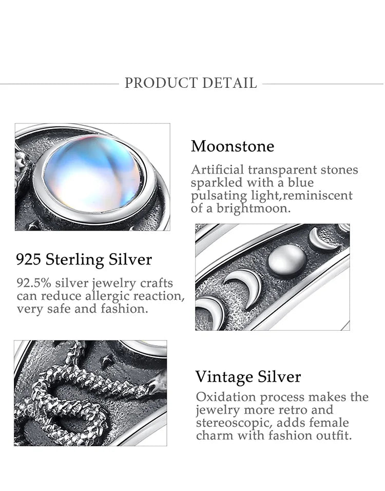 925 Sterling Silver Triple Moon Snake Moonstone Adjustable Ring