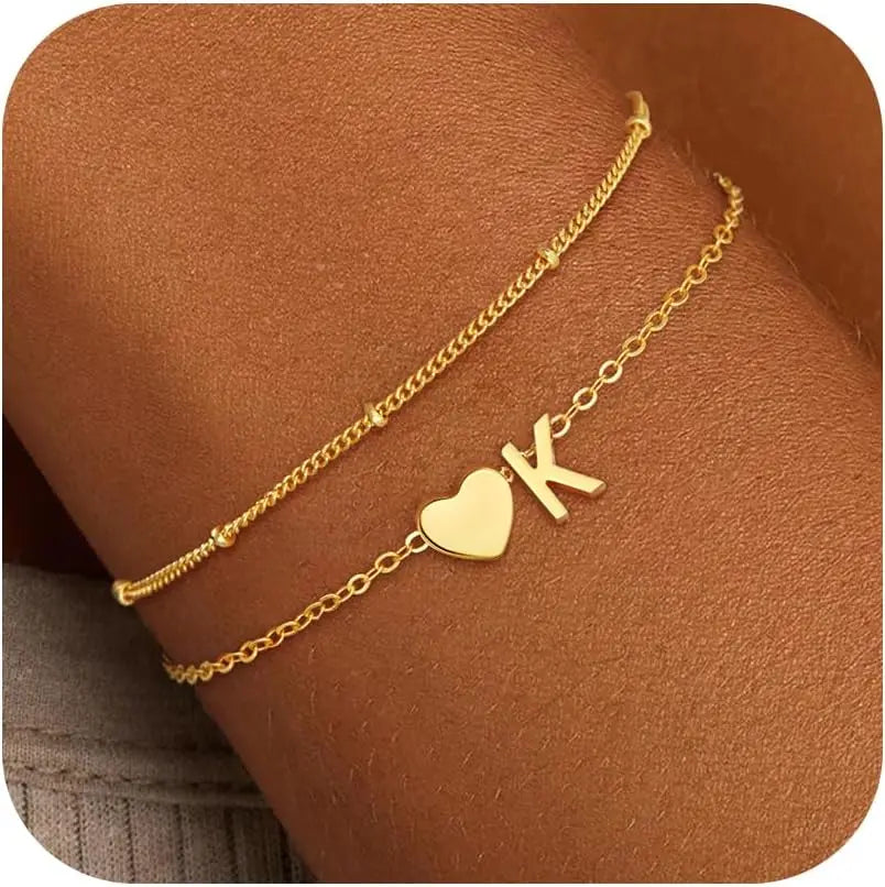 18k Gold-Style Plated Stainless Steel Heart Initial Charm Bracelet