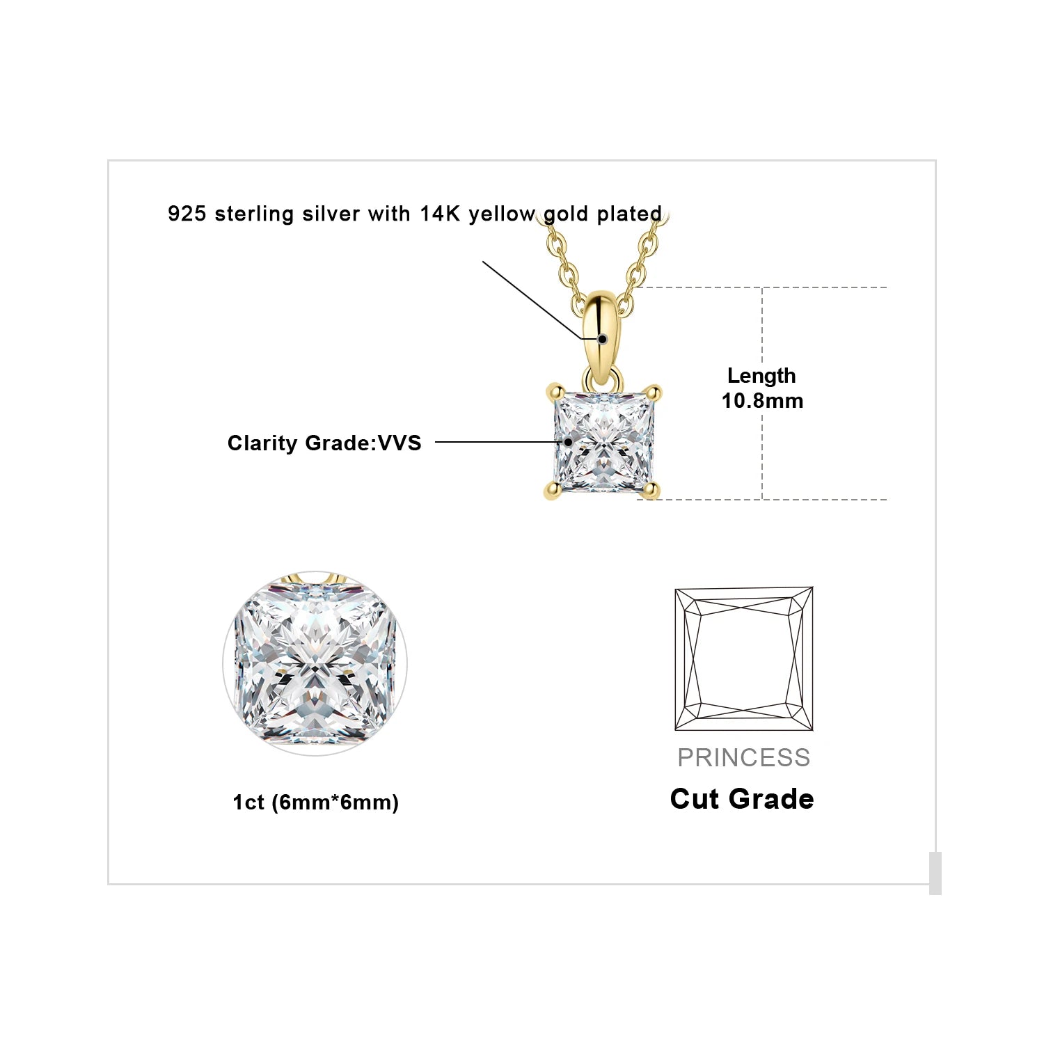 925 Sterling Silver D Color Princess Cut Moissanite Necklace