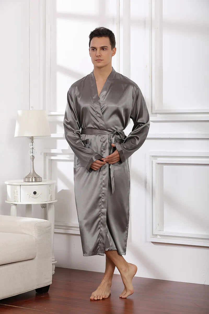 Men's Long Black Satin Bridegroom Wedding Bathrobe