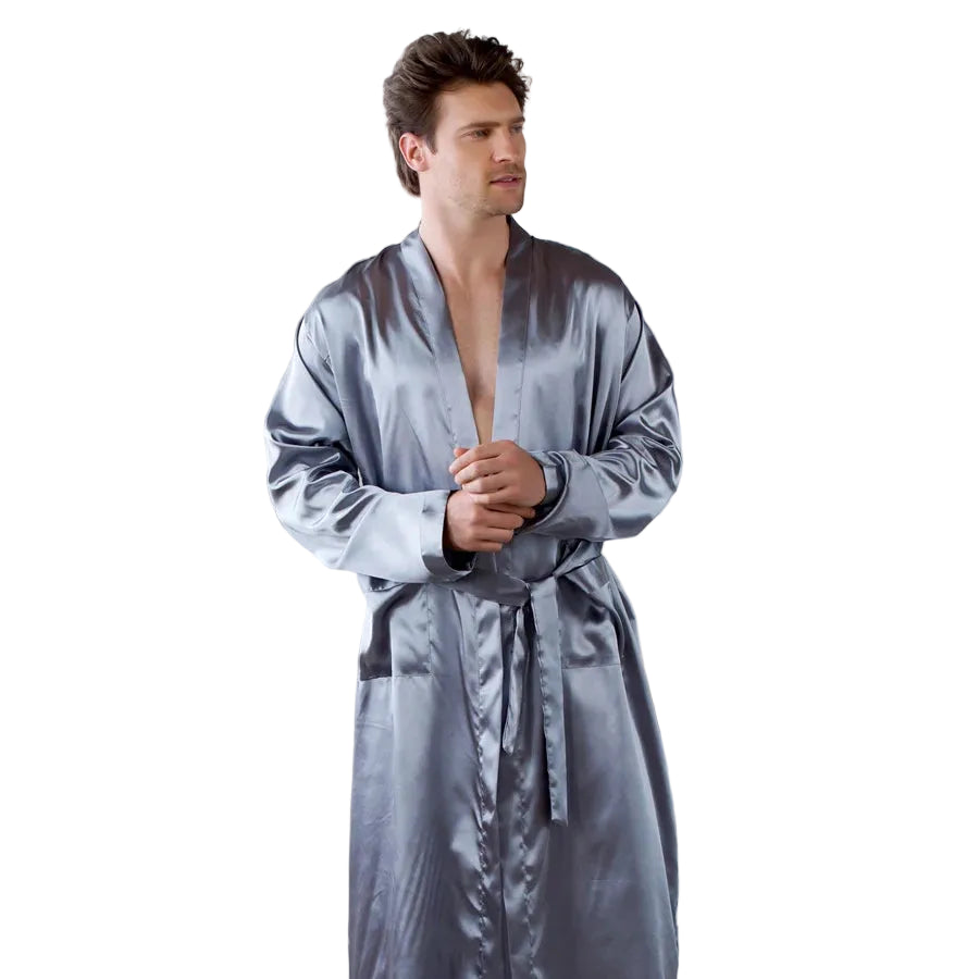 Men's Long Black Satin Bridegroom Wedding Bathrobe