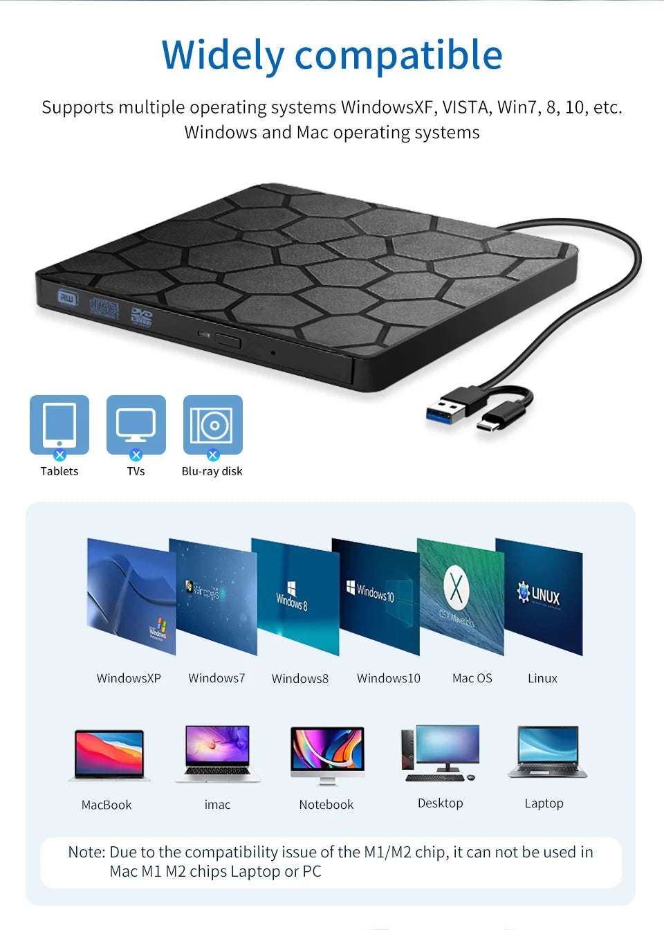 2in1 USB3.0 TypeC Slim External DVD VCD CD Writer Optical Drive Burner Reader Player Portable For Laptop PC DVD Burner DVD