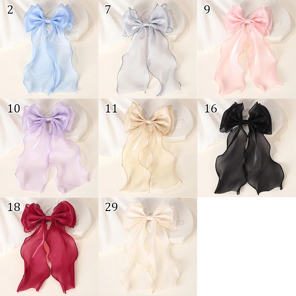 Elegant Long Satin Bow Hair Clip Large Chiffon Barrette