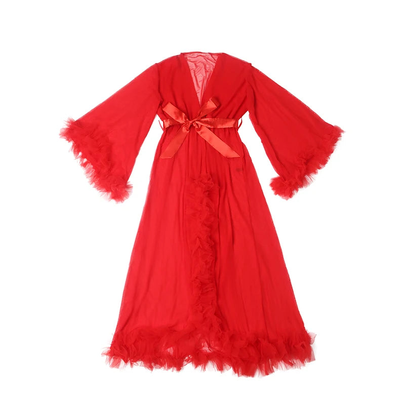 Long Sleeve Lace Kimono Feather Trim Bathrobe