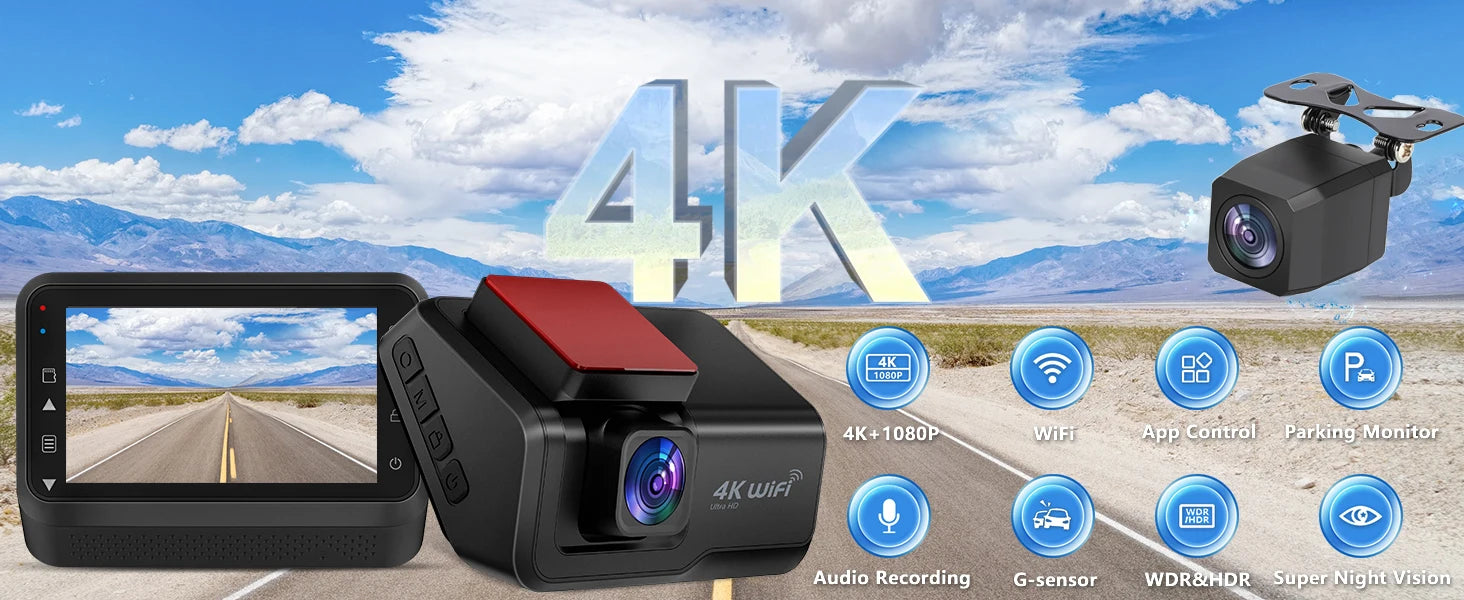 Kocam 4K UHD Dash Cam WiFi Car DVR Front and Rear Dual Lens Auto Car Camera with Night Vision 24H Parking Monitor Black Box
