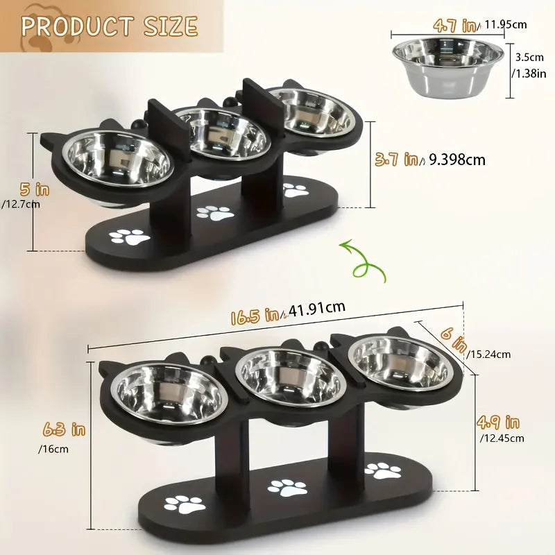 Adjustable 15-Degree Elevated 3-Bowl Wood and Stainless Steel Feeder