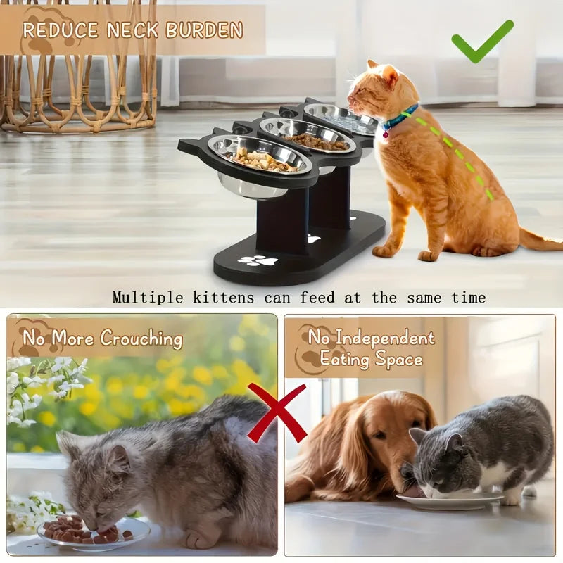 Adjustable 15-Degree Elevated 3-Bowl Wood and Stainless Steel Feeder