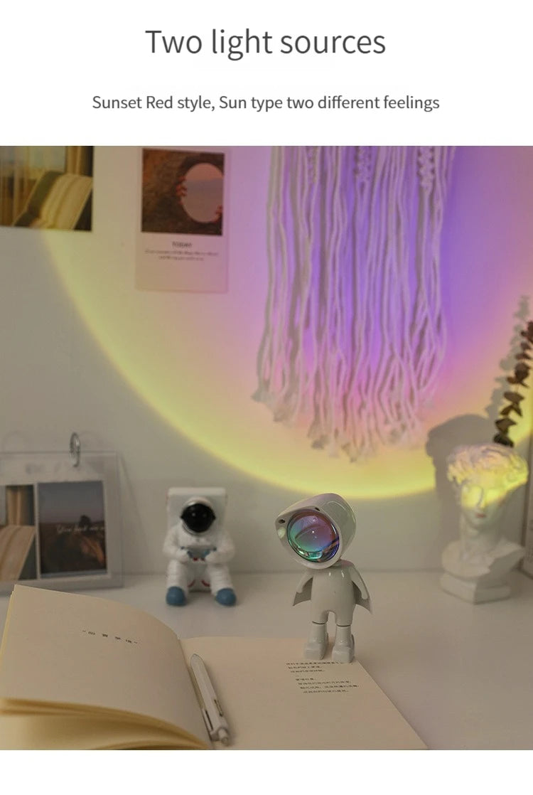 LED 7 Colors Light Sunset Light Astronaut Light Rainbow Projection Night Light 360 Degree Rotation Rechargeable Ambient Light