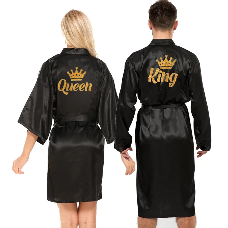 King and Queen Glitter Crown Satin Honeymoon Robes