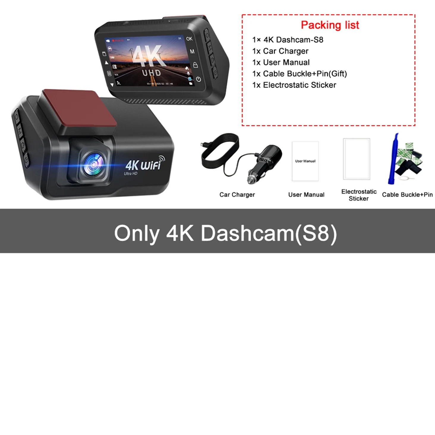 Kocam 4K UHD Dash Cam WiFi Car DVR Front and Rear Dual Lens Auto Car Camera with Night Vision 24H Parking Monitor Black Box