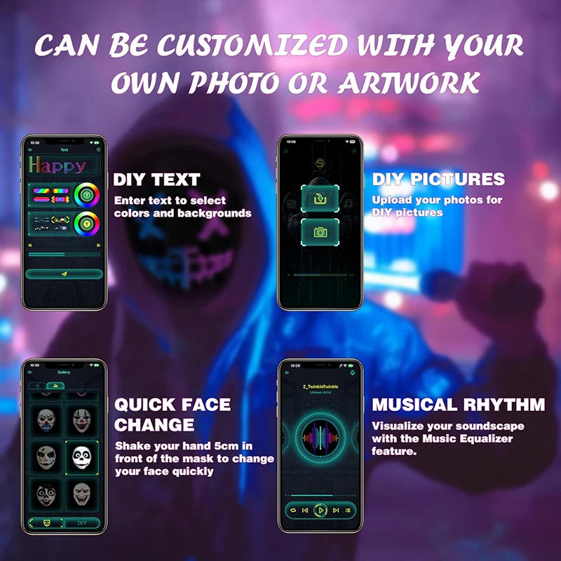 Party LED Light up Mask Gesture Sensing LED Masks Programmable App Control Face Transforming Mask for Halloween Christmas