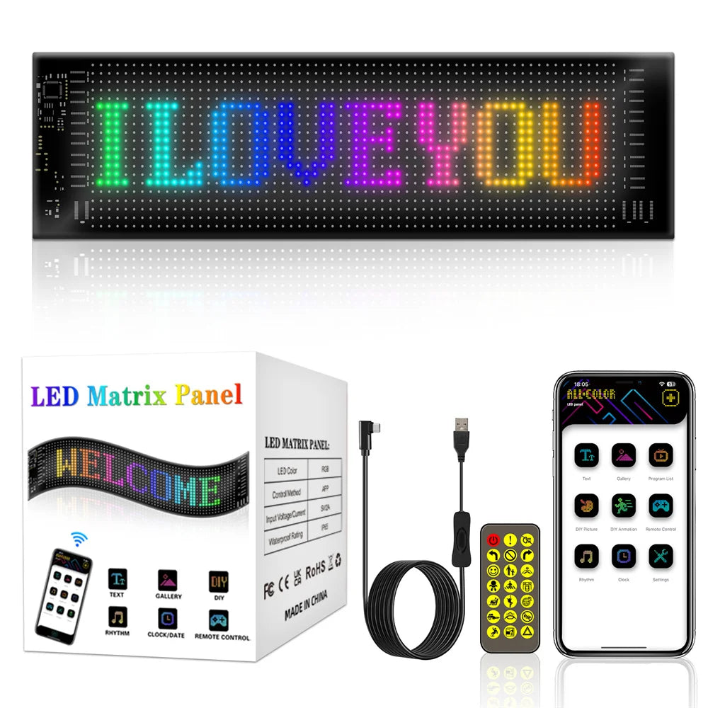 LED Matrix Pixel Panel USB 5V RGB Car Sign Bluetooth App Control Flexible Addressable Pattern Graffiti Scrolling Text Animation