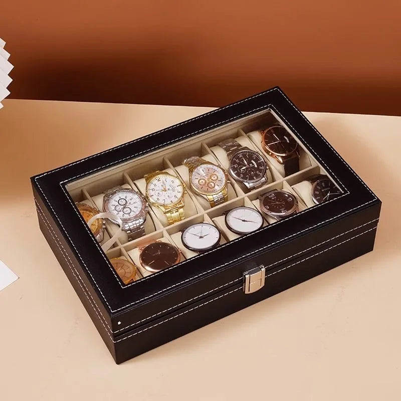 Classic Leather Watch Case Organiser with Glass Top