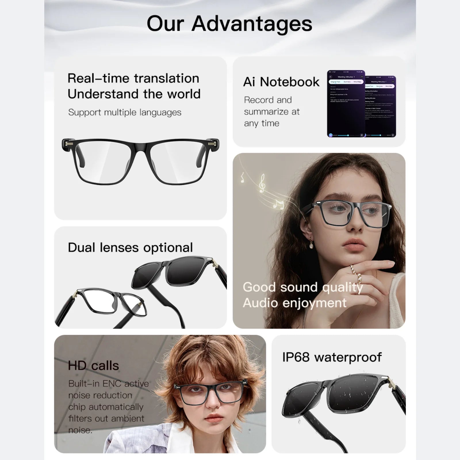 Smart Glasses with AI Translator Bluetooth Glasses Hands-Free Music & Calls Outdoor Sports Headphones for Men and Women