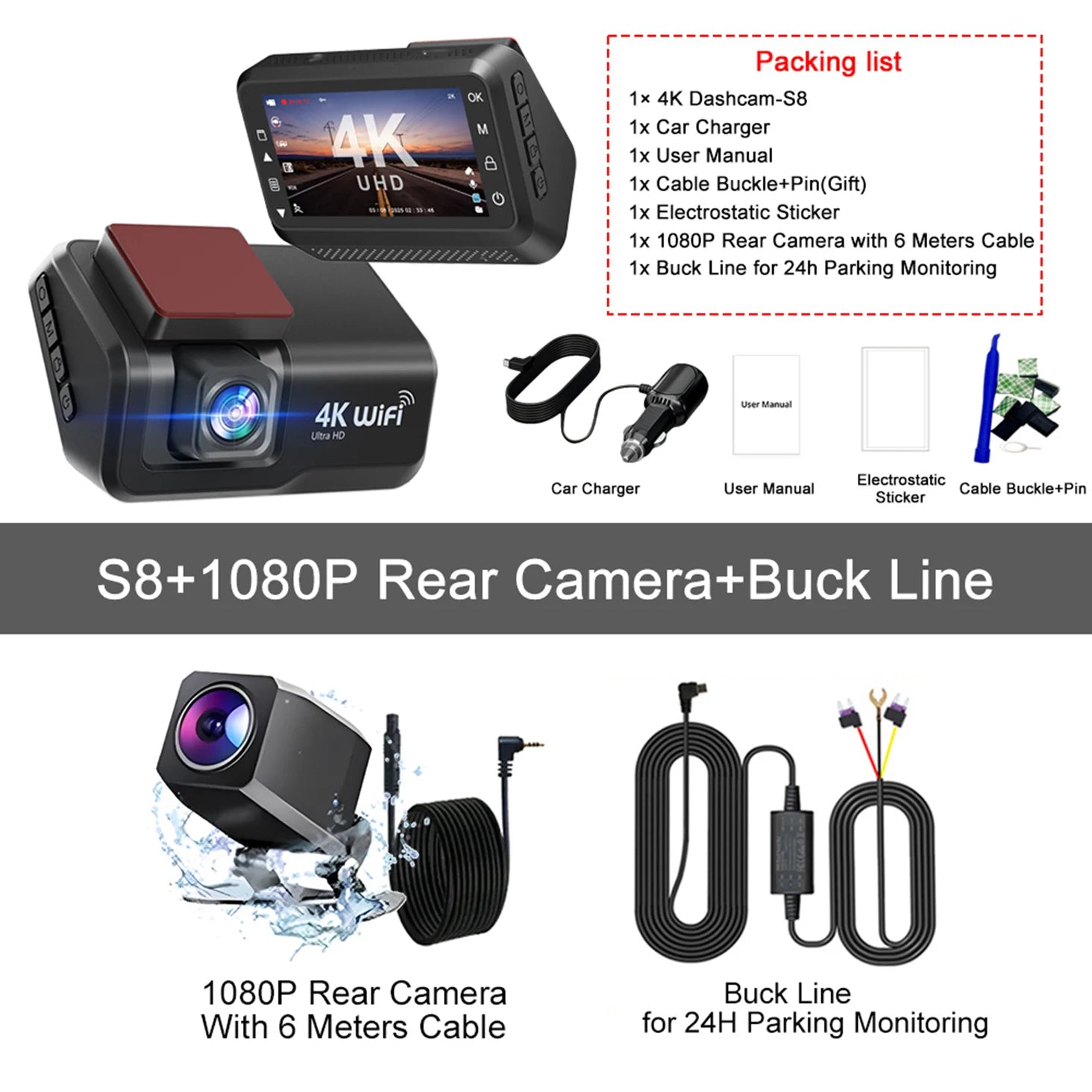 Kocam 4K UHD Dash Cam WiFi Car DVR Front and Rear Dual Lens Auto Car Camera with Night Vision 24H Parking Monitor Black Box