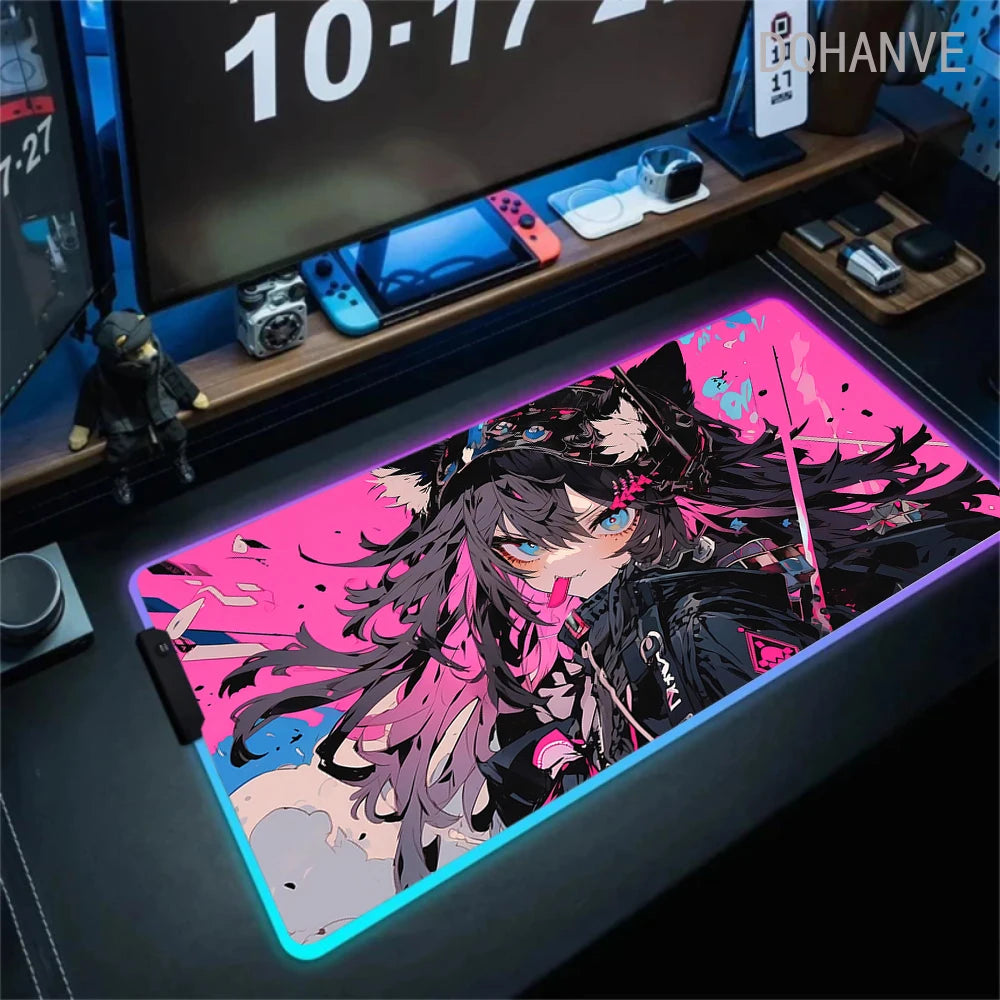 Pink Girls RGB Anime Rubber Mouse Pads XXL Cute Large LED Lighting PC Computer Mousepad Colorful Glowing Deskmat Backlight Mat