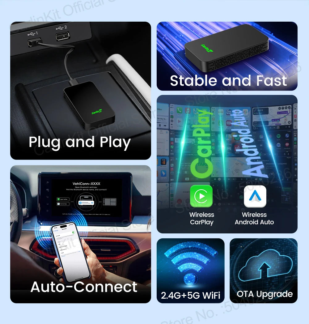 CarlinKit 5.0 C2Air 2-In-1 CarPlay Android Auto Wireless Adapter For Wired CarPlay Android Auto Cars Online Upgrade Plug & Play