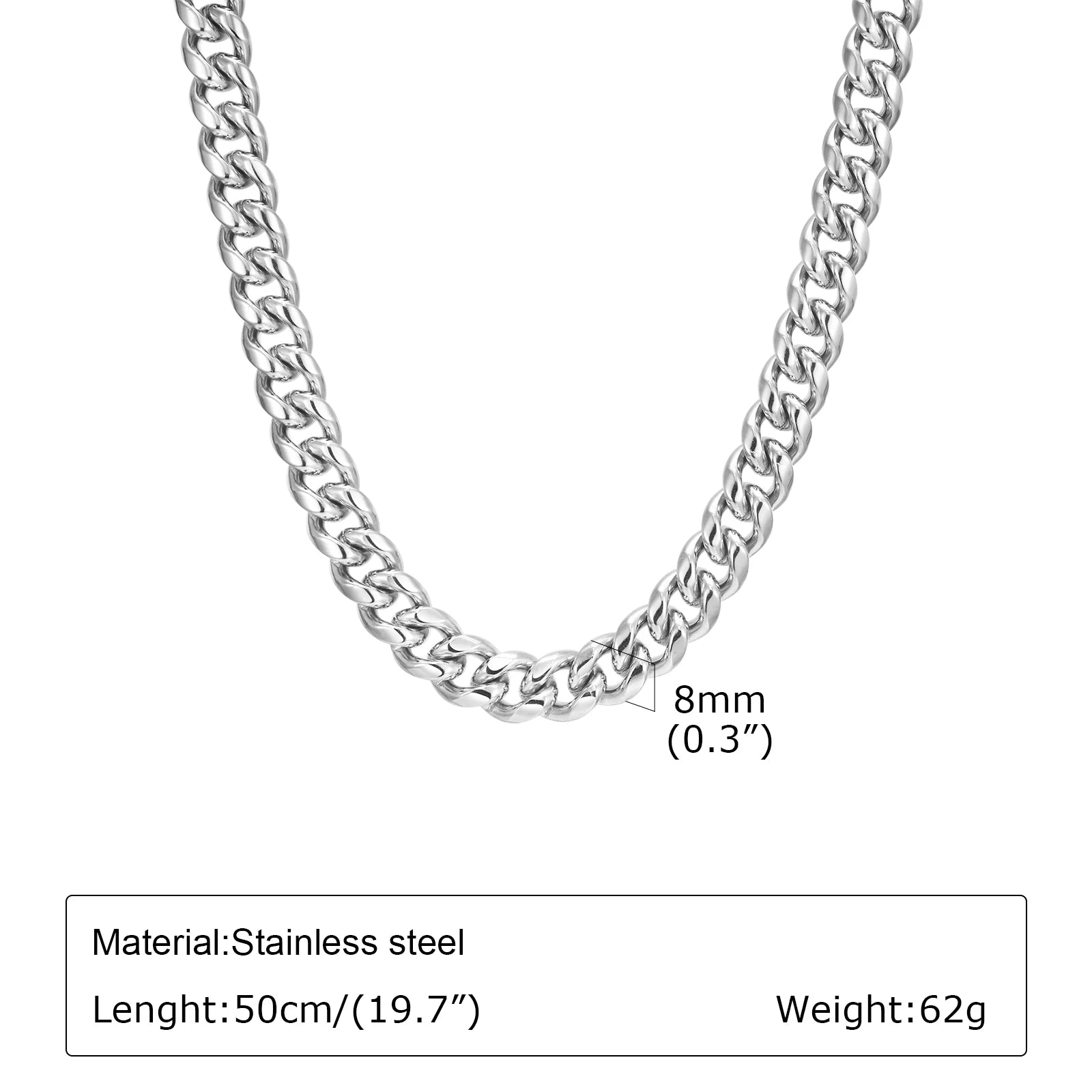 Silver-Style Waterproof Stainless Steel Cuban Link Chain Necklace