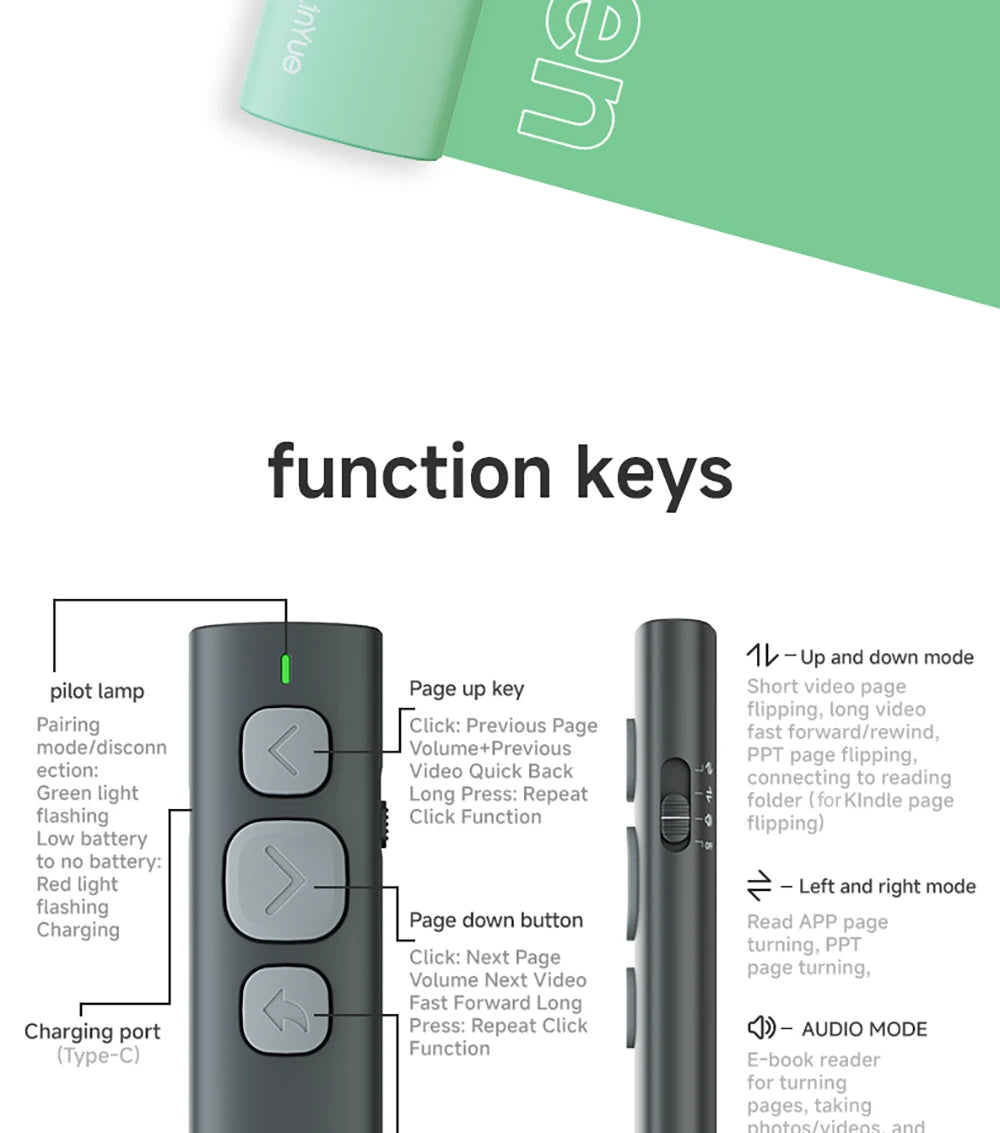 Supports IOS Android Bluetooth Page Turner Camera/Music Control Pen Paging Device E-book Reader Swipe Short Video Remote Control