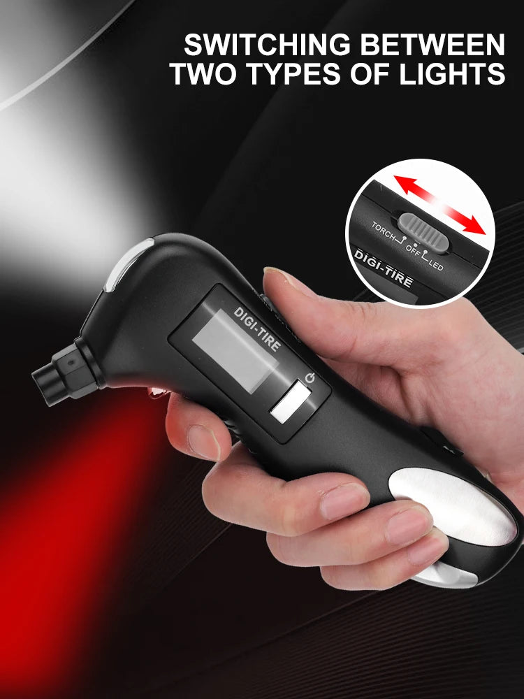 Digital tire pressure gauge, emergency lighting flashlight, car escape hammer, seat belt cutter, multi-functional self-rescue to